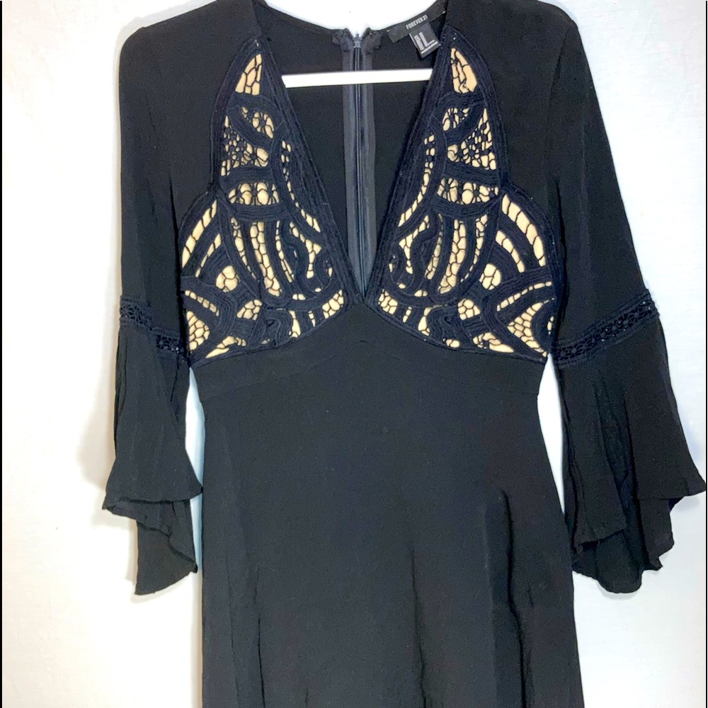 Long Sleeve Black Dress w/ Beige Detailing